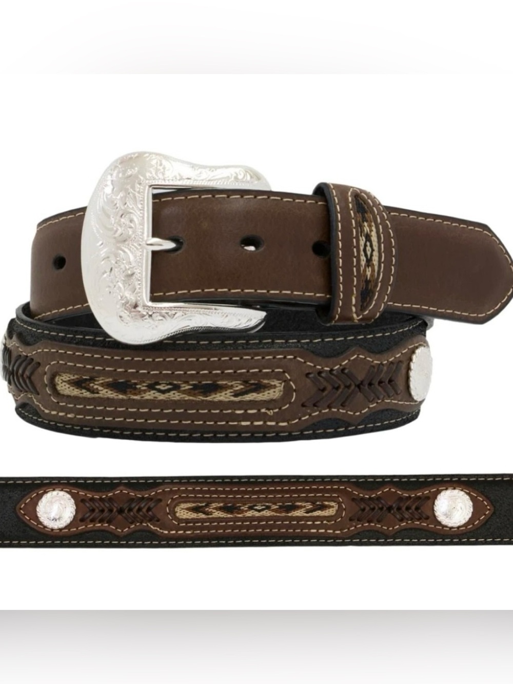 Nocona Brown/Black Leather Western Belt with Silver Buckle & Woven Accents Sz 36